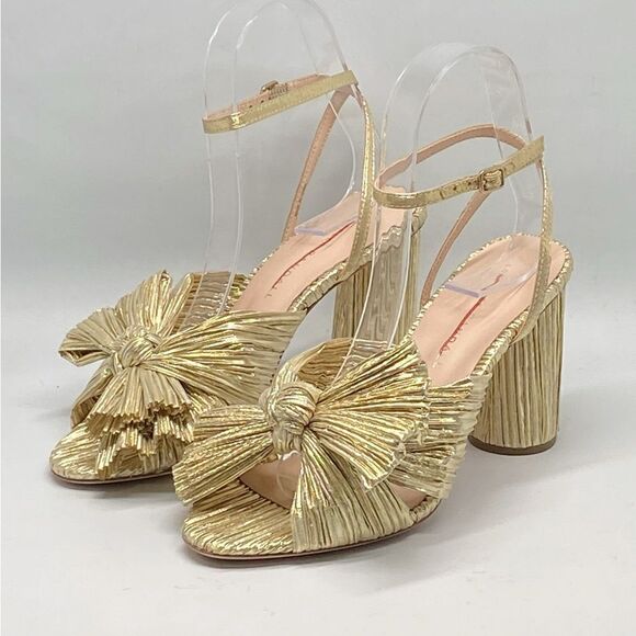 Loeffler Randall Camellia Gold Pleated Bow Heel Sandals size 6.5 - Picture 8 of 12